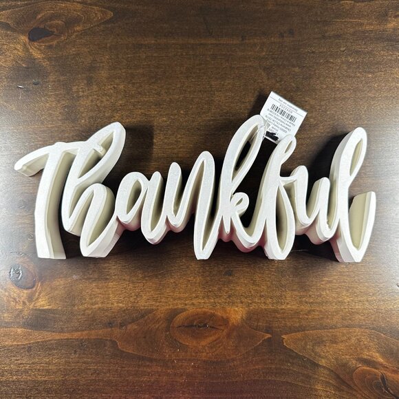 "Thankful" Cream Resin Decor in Elegant Cursive - Picture 2 of 4